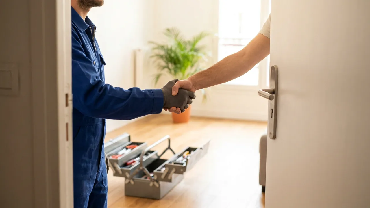 Artisan plombier présentant un devis écrit à un client dans un appartement haussmannien de Paris 4