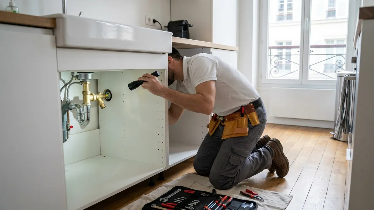 Plombier contrôlant les raccords sous un évier lors d'un entretien annuel dans un appartement de Paris 4